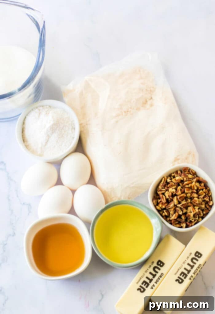 The table is meticulously set for a Pecan Bundt Cake baking session, featuring bowls of flour, sugar, eggs, chopped pecans, butter, oil, and vanilla extract, all ready to be transformed into a masterpiece.