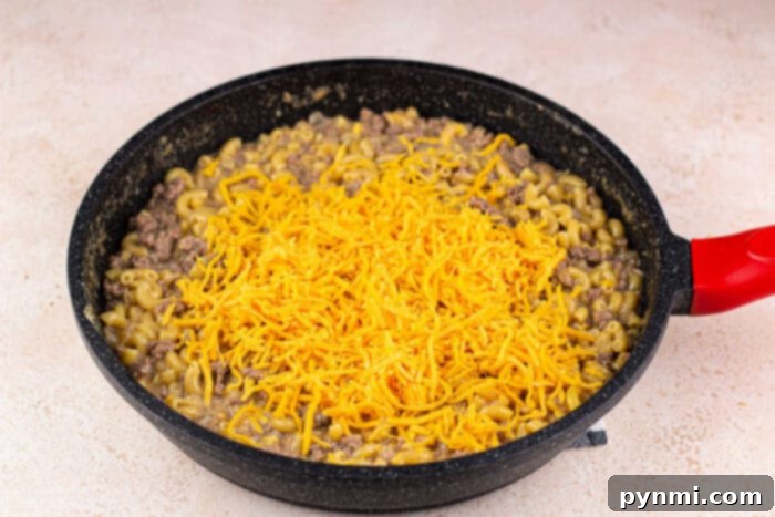 Ultimate Cheesy Beef Mac 6 Hamburger Meat with Mac and Cheese ready to be served