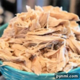 Shredded boiled chicken for dogs, piled generously in a blue bowl, offers a wholesome and delicious treat.