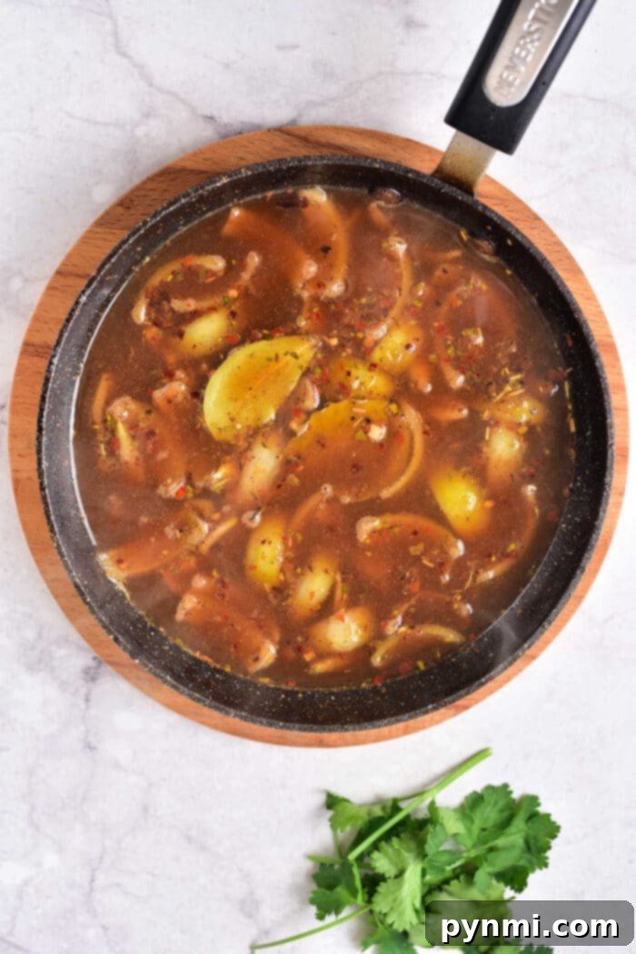 A skillet showcasing rich gravy and lemon slices sits invitingly on a wooden board, with fresh cilantro nearby on the marble surface, capturing the essence of a birria-inspired feast.
