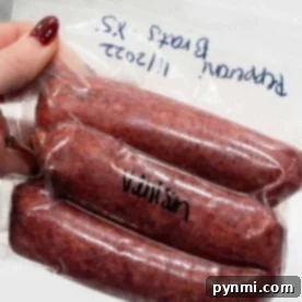 Vacuum-sealed venison sausages with recipe notes