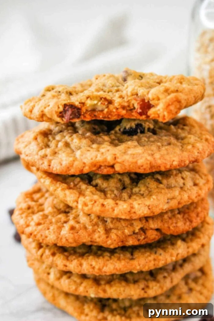 A stack of steel cut oatmeal raisin cookies proudly sits on a white surface, with a jar of steel cut oats in the background.