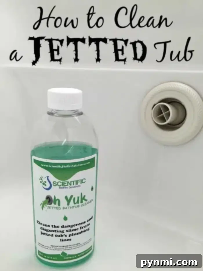 Discover how to effortlessly clean your jetted tub and remove stubborn gunk from the jets with Oh Yuk Jetted Tub Cleaner. Achieve a truly clean bathtub with amazing results. A bottle of Oh Yuk Jetted Bathtub Cleaner sits inside a bathtub. The label declares it cleans the dangerous and disgusting slime from jetted tubs' plumbing lines. Above the tub, the text reads,