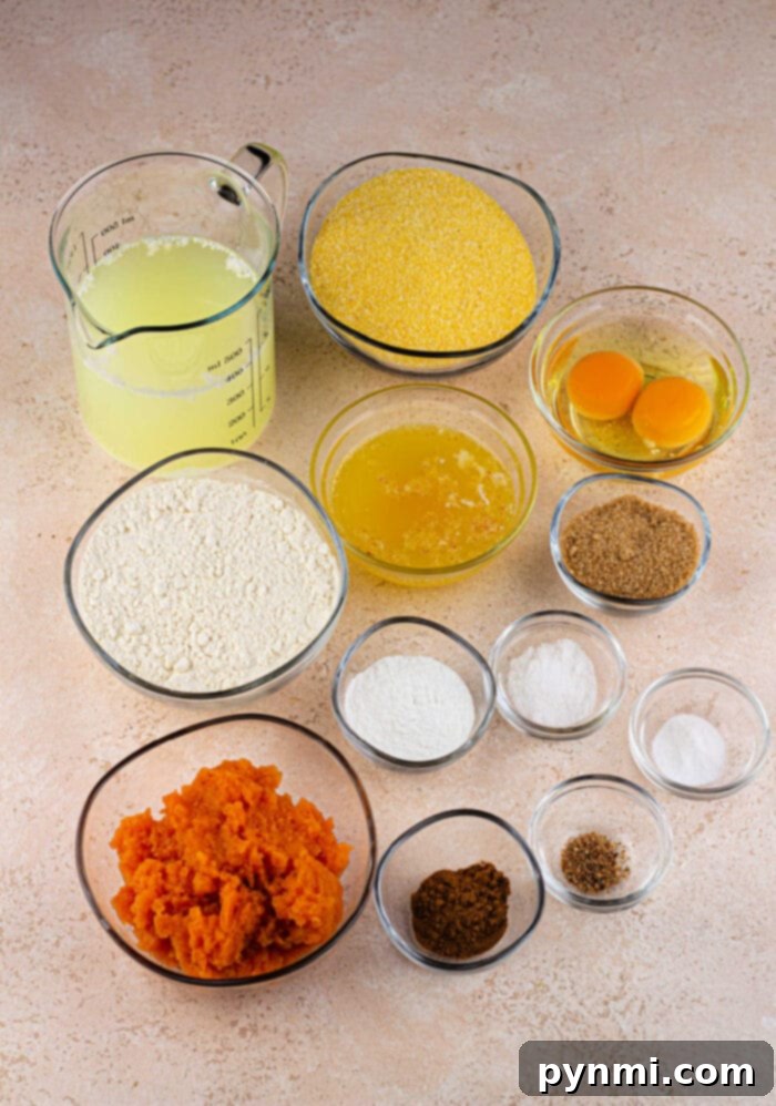 Velvet Sweet Potato Cornbread 3 Various baking ingredients, including flour, eggs, mashed sweet potoes, cornmeal, and spices, are arranged in small bowls.