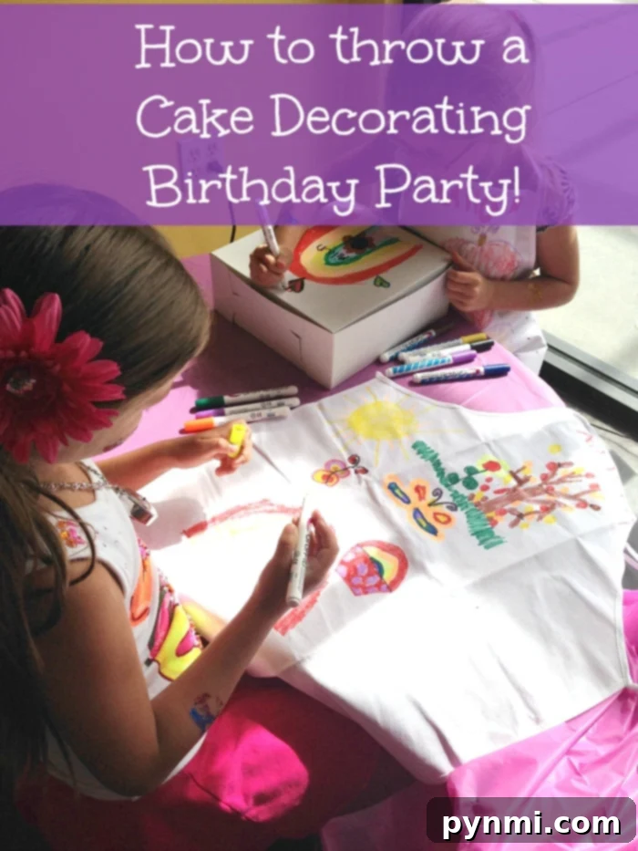 Here are some cheap girl Birthday Party ideas that your kids will love but won't break the bank. Cake decorating parties are fun with many activities for kids that bring out their creativity and leave them with dessert to take home in the end. See how we threw this cupcake party and how much fun they had. #girl #birthdayparty #cake #cupcake #cheap Children at a brightly decorated table, wearing aprons, and coloring with markers on white fabric, alongside a banner promoting "Cheap Girl Birthday Party Ideas: How to throw a Cake Decorating Birthday Party!"