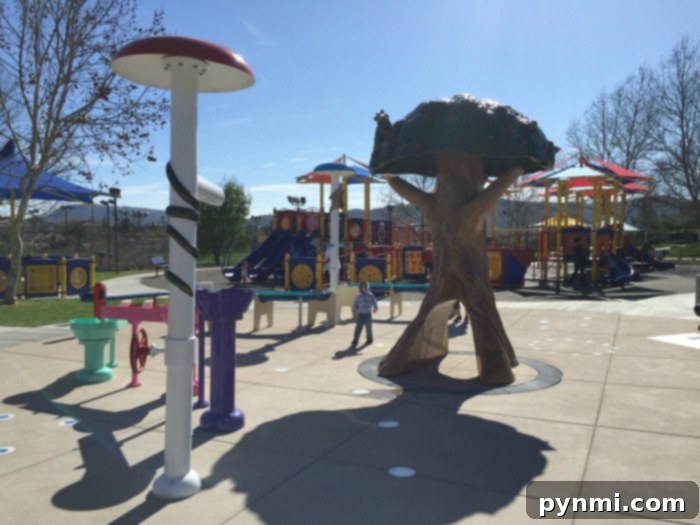 Temecula splash pad featuring a sprinkler tower and ground jets for water fun.