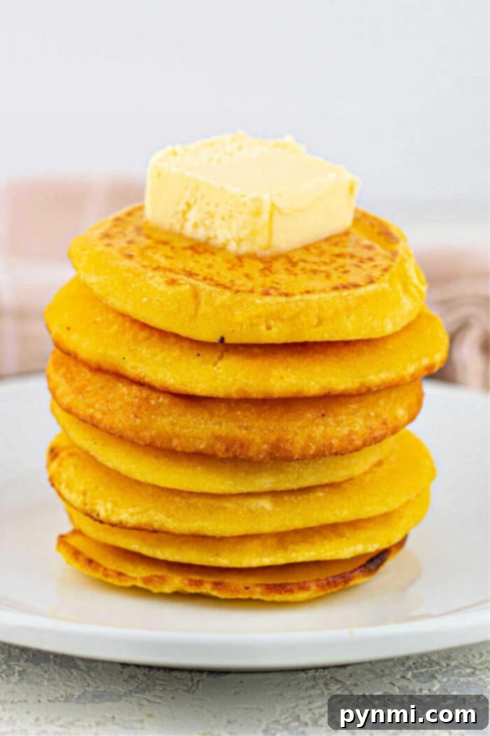 Crispy Skillet Cornbread 2 A stack of golden fried cornbread, topped with butter on a pristine white plate.