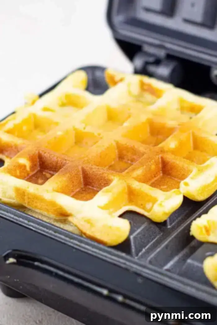 Golden and Crispy Cornmeal Waffles 2 A golden cornmeal waffle is being cooked on a black waffle iron. The square-shaped treat boasts a crisp, browned texture, while the iron's grid pattern crafts a checkerboard design on its surface.