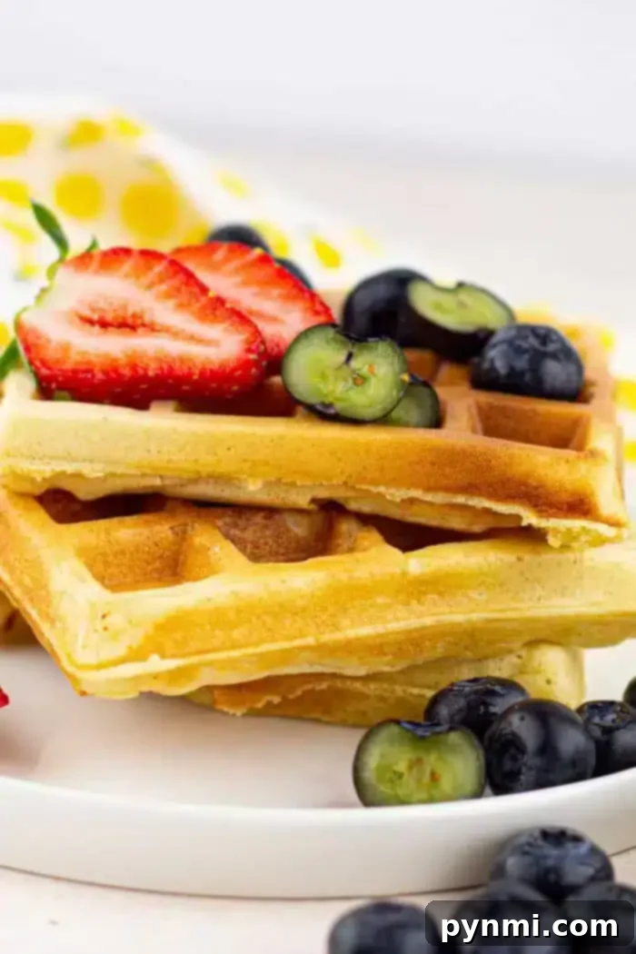 Golden and Crispy Cornmeal Waffles 8 A plate with two cornmeal waffles topped with sliced strawberries and blueberries. A yellow and white polka dot cloth is in the background.