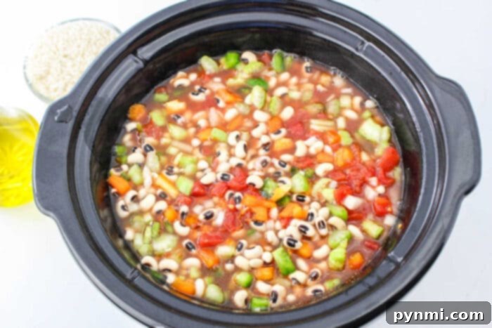 Traditional New Years Eve Dinner with black eyed peas and rice, symbolizing good fortune.
