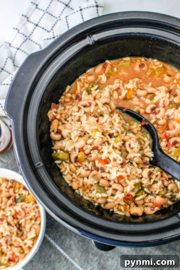 Black Eyed Peas and Rice, richly seasoned and ready for serving.