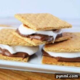 Three perfectly roasted s'mores on a white plate, ready to enjoy.