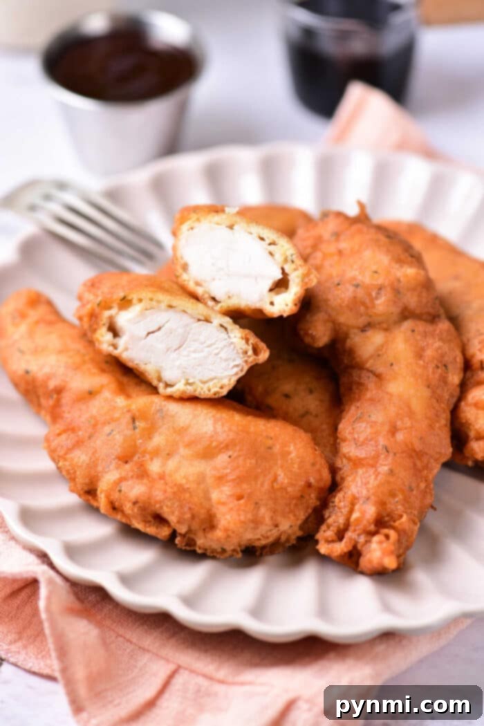 Beer-Battered Chicken Strips 2 Crispy Beer Battered Chicken Tenders with Dipping Sauce
