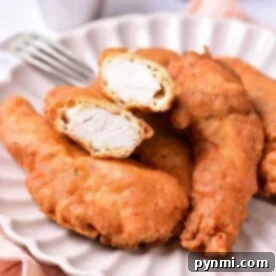 Beer-Battered Chicken Strips 7 A plate of beer battered chicken tenders sits invitingly on a cloth napkin, with one sliced open to reveal its juicy interior. Accompanied by a tempting dipping sauce in the background, these crispy delights promise a mouthwatering experience.