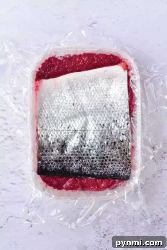 A piece of salmon fillet with skin, expertly cured in a red glaze or marinade, sits on a white surface wrapped in clear plastic wrap.