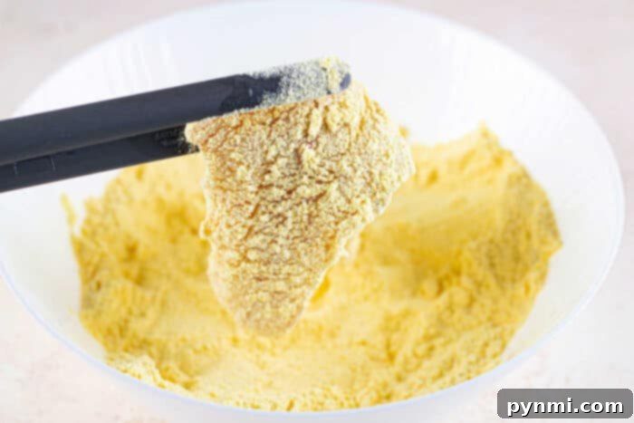 Golden Cornmeal Fish Fry 4 Black tongs hold a piece of food coated in seasoned yellow cornmeal for a fish fry, above a bowl filled with the same cornmeal mixture.