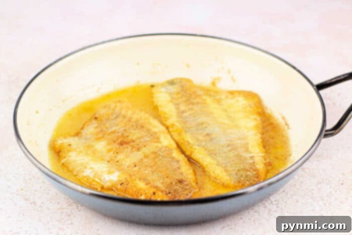 Golden Cornmeal Fish Fry 6 Two cooked fish fillets in a frying pan, coated in light brown sauce and cornmeal mixture. The fillets are golden brown, partly submerged in sauce.