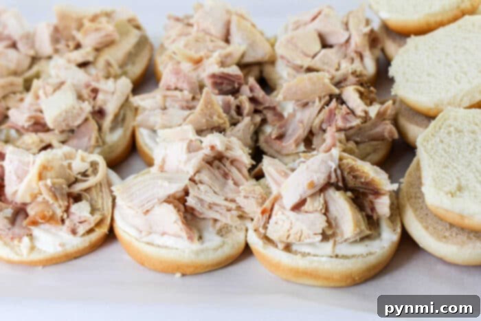 Chicken Sliders with Melted Cheese - A close-up of oven-baked chicken sliders, with beautifully melted cheese and a golden-brown top, garnished with fresh parsley.