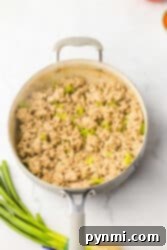 Ground chicken and diced green bell peppers sizzle in a skillet, creating a delicious aroma reminiscent of ground chicken sloppy joes. Green onions are chopped and ready on the side.