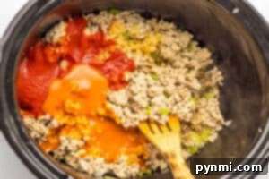 Ground chicken, tomato sauce, and spices in a pot with a wooden spoon, ready to be mixed and cooked for delicious Ground Chicken Sloppy Joes.