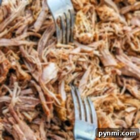 Close-up of shredded pulled pork made from leftover pork loin, with two silver forks on top.