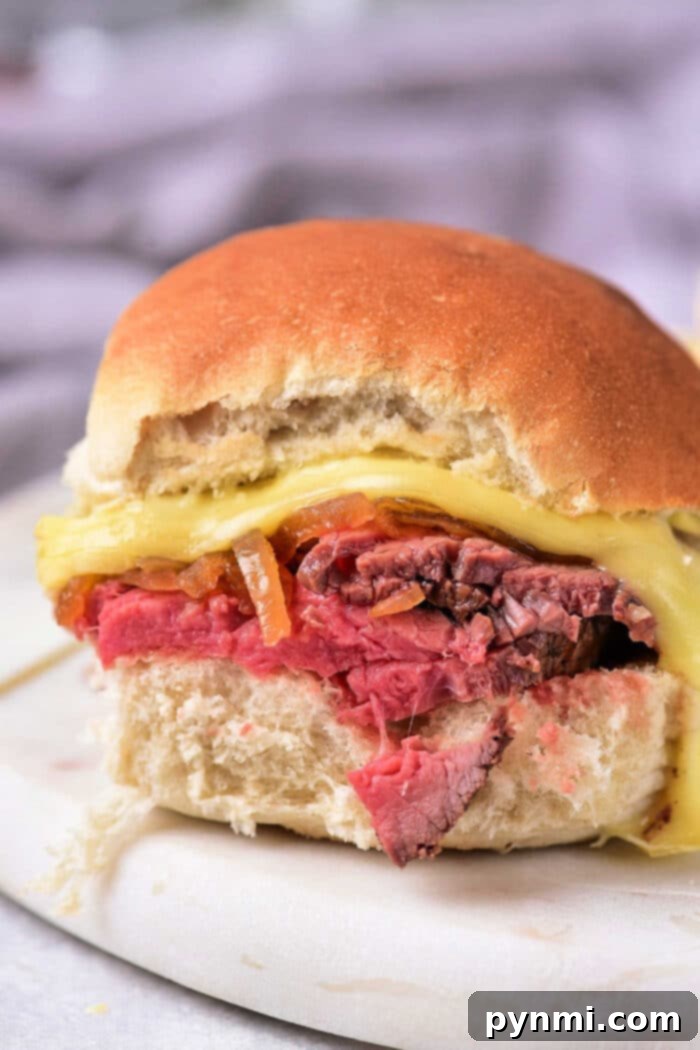 Close-up of a sandwich crafted from leftover tri-tip, complemented by melted cheese and grilled onions nestled in a fresh bun.