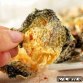 A hand holding a crispy, seasoned Fish Skin snack with more pieces blurred in the background.