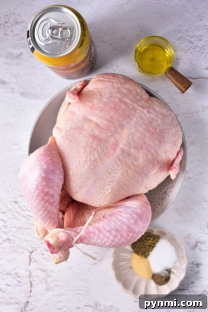 Oven Beer Can Chicken: a close-up of the roasted chicken in a glass baking dish, showing its golden-brown skin.