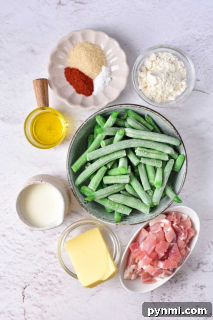 Green Bean Obsession 3 Ingredients for crack green beans neatly arranged on a rustic wooden table, including frozen green beans, diced bacon, brown sugar, butter, milk, flour, olive oil, and various spices.