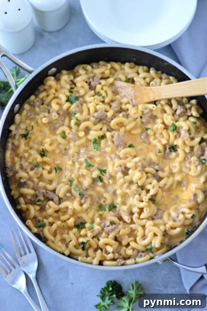 Creamy Velveeta Beef and Pasta Skillet 5 Homemade Hamburger Helper with Velveeta in a skillet, close up