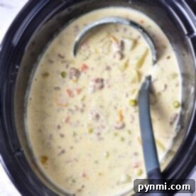 Creamy potato and hamburger soup with vegetables and chunks of meat, simmered to perfection in a crockpot, invitingly ladled into bowls.