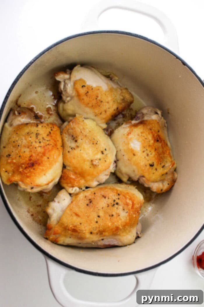Zesty Braised Chicken Thighs 5 Succulent braised chicken thighs in a savory sauce, garnished with fresh herbs, ready to serve.