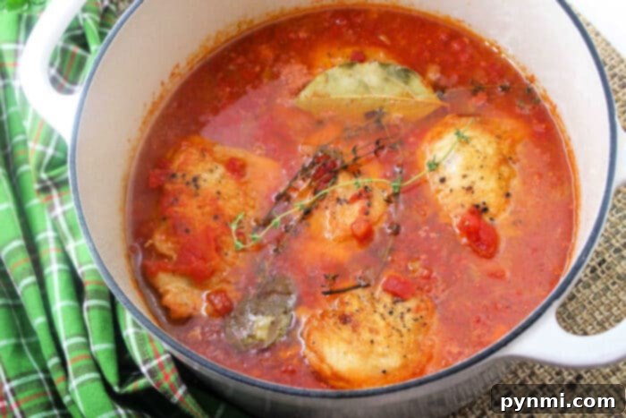 Zesty Braised Chicken Thighs 7 Hearty hot braised chicken thighs simmering with vegetables in a deep pan, creating a comforting stew.