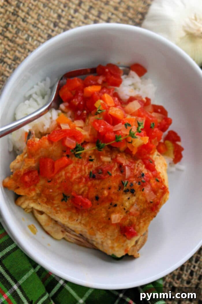 Zesty Braised Chicken Thighs 9 A large serving of hot braised chicken, showcasing its rich sauce and tender pieces, ready for a comforting meal.