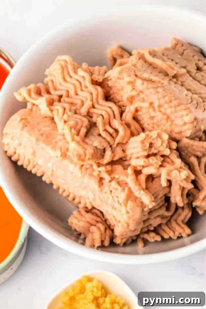 A bowl of raw ground chicken with a patterned texture awaits its transformation, ready to be cooked into a delicious meal.