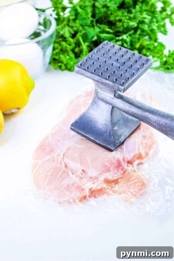 The Best Baking Time for Chicken Cutlets 8 A cook's hands carefully slicing chicken breast into thin cutlets on a wooden cutting board, illustrating the first step in preparing a delicious chicken meal.