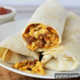 A white plate holds two burritos made with flour tortillas. One burrito is partially cut open, revealing a filling of scrambled eggs, sausage, and melted cheese. The scene offers a tempting glimpse into how to cook chorizo and eggs. Brown sauce in a small white bowl appears blurred in the background.
