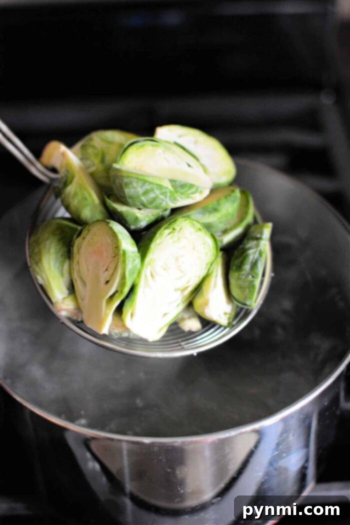 Boiling Brussel Sprouts The Perfect Timing 4 Brussels sprouts in a strainer over a pot of boiling water, showing their perfect tender-crisp texture after boiling for just a few minutes.