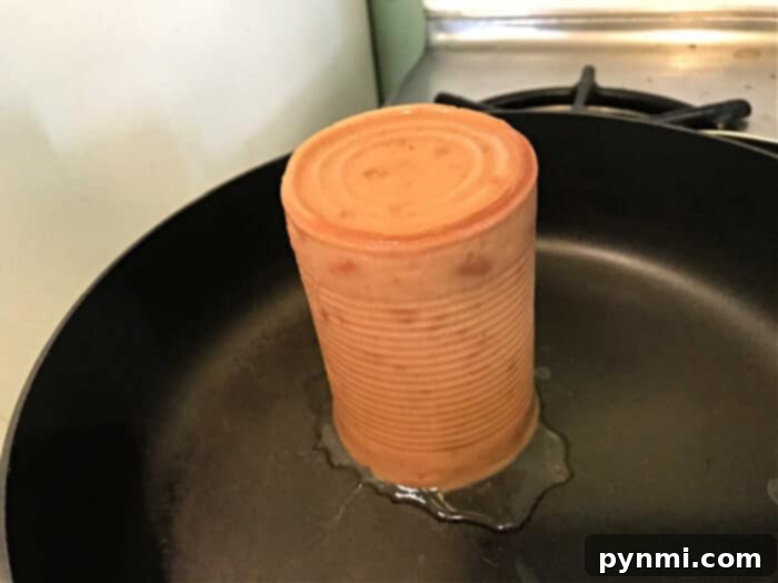 Elevate Your Canned Refried Beans 3 A can-shaped block of refried beans stands upright in a frying pan on the stove, ready to be transformed into a delicious dish with a few simple additions.