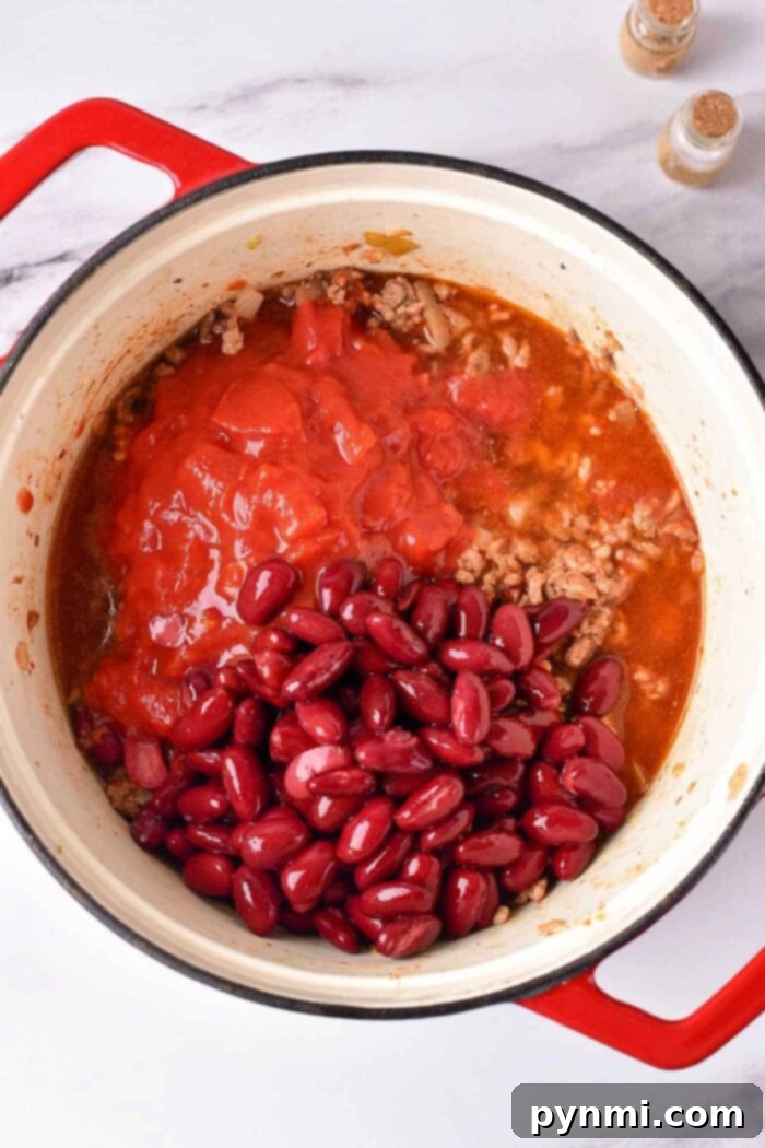 Mastering Dried Bean Chili 5 Chili with Dried Beans on the Stove, simmering in a Dutch oven