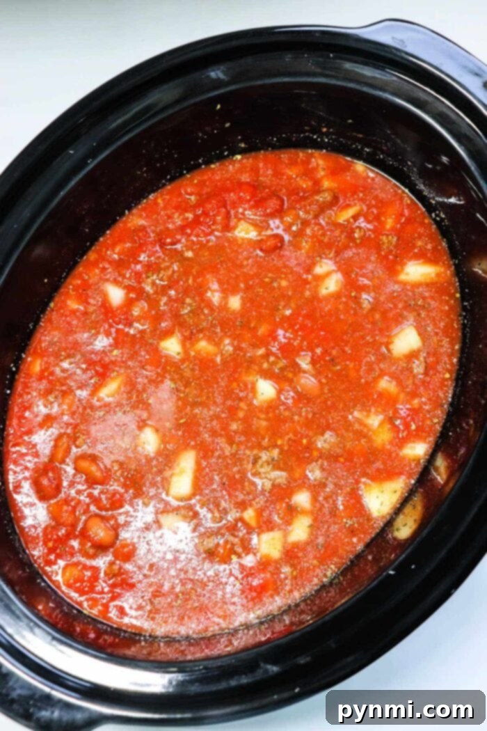 Mastering Dried Bean Chili 7 Chili in Slow Cooker with Dry Beans, topped with cheese and green onions