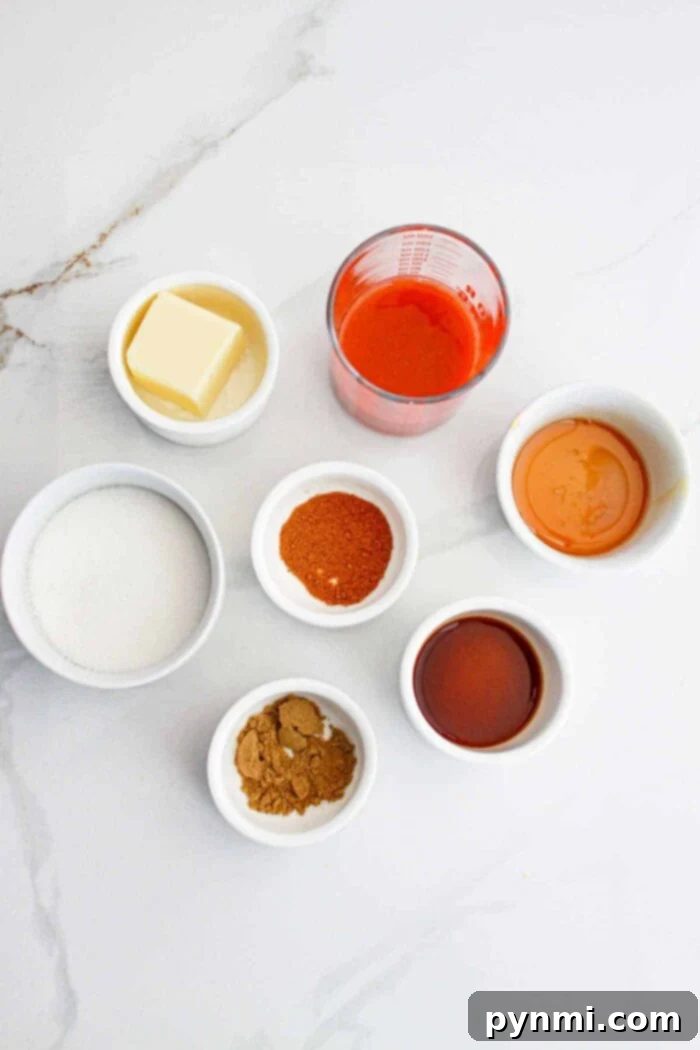 Close-up of Popeyes Sweet Heat Sauce ingredients laid out on a kitchen counter