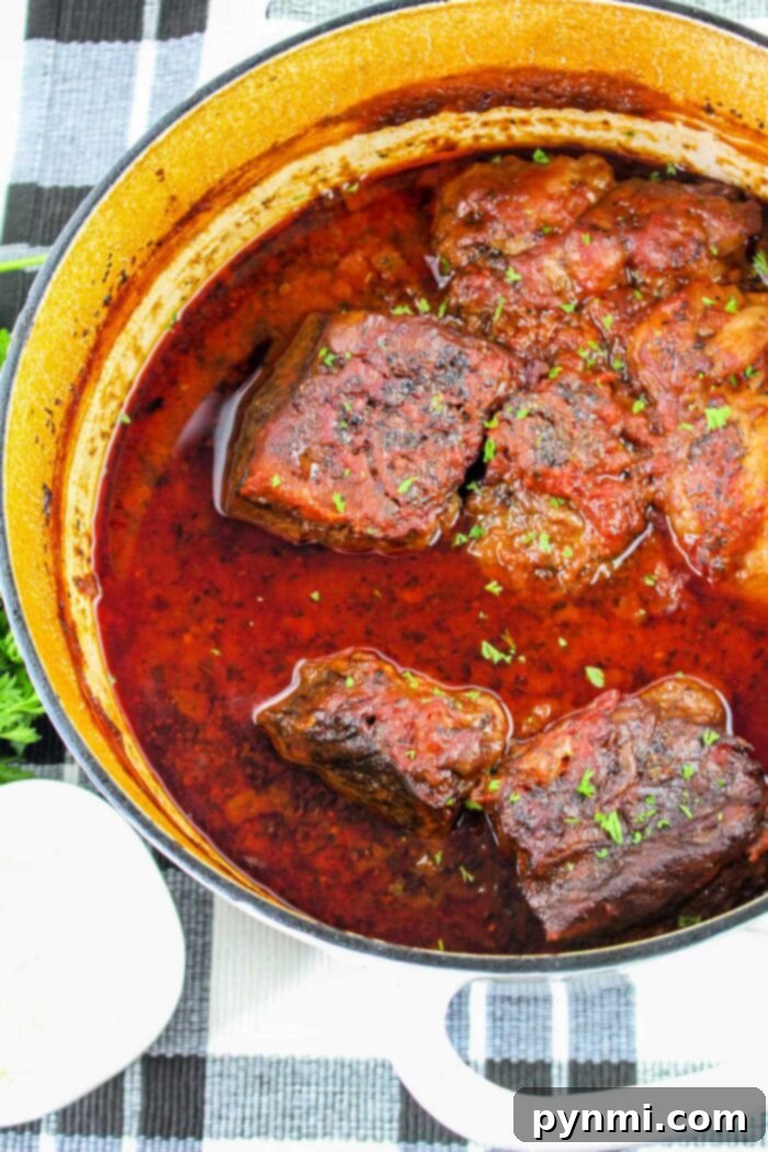 A top-down view of a pot filled with braised beef short ribs in a red sauce evokes the essence of short rib tacos. The dish is garnished with chopped herbs, and the pot rests on a checkered cloth. A small white dish is partially visible in the corner, completing this appetizing scene.