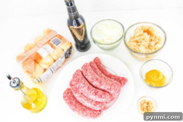 Unlocking Bratwurst Perfection 3 A diverse selection of ingredients is neatly arranged on a pristine white surface, poised for crafting the perfect bratwurst meal. The display includes six plump, raw sausages on a clean white plate, a dark bottle of Guinness beer, a package of soft Hawaiian rolls, a bottle of premium olive oil, and various bowls brimming with thinly sliced onions, tangy sauerkraut, zesty mustard, and aromatic minced garlic. These components lay the foundation for an unforgettable culinary experience.