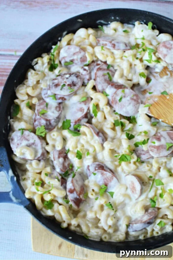 Hearty Kielbasa Pasta Skillet 5 Hearty kielbasa and pasta recipe in a large cast iron skillet.