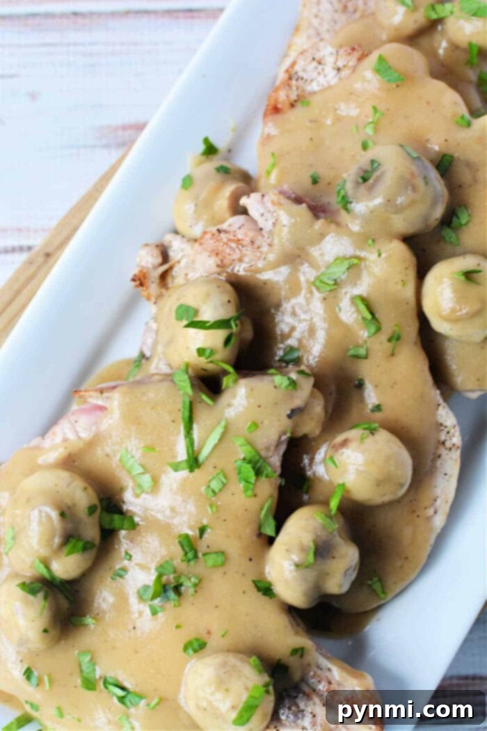 Velvety Mushroom Gravy 8 A close-up of a perfectly cooked pork chop, glistening with a generous coating of creamy mushroom gravy, highlighting its appetizing texture and rich color.