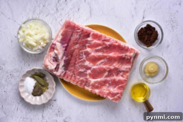 Raw pork belly resting on a yellow plate, surrounded by small bowls of aromatic spices, freshly chopped onions, and a bottle of olive oil on a clean marble surface—the essential elements for preparing a rich and flavorful pork confit.