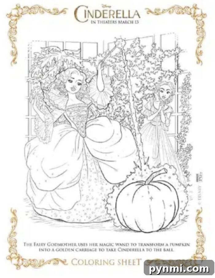 Cinderella enjoying a magical moment on a coloring page