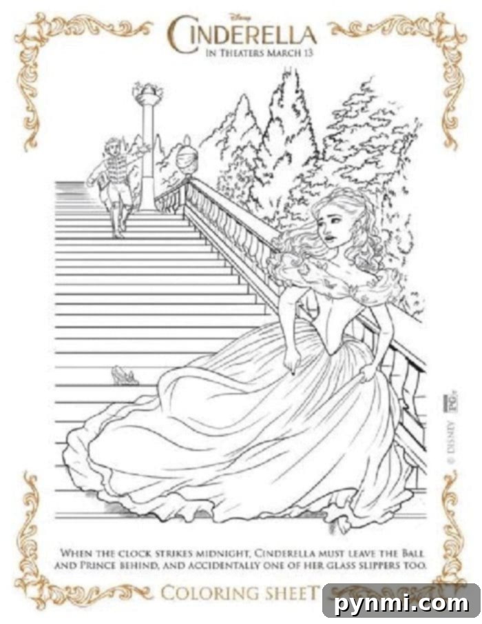 A detailed Cinderella coloring page featuring the princess and her castle