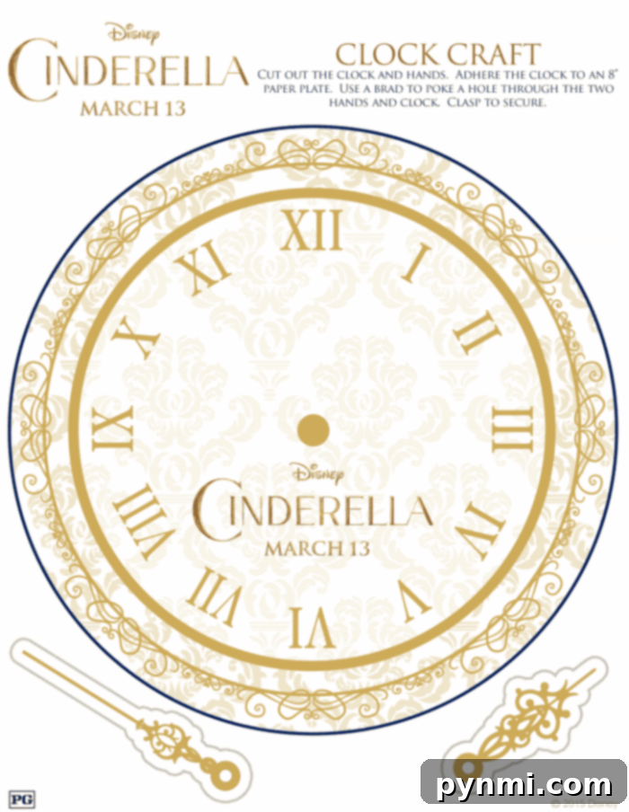 Cinderella themed printable clock craft, showing the clock face and hands